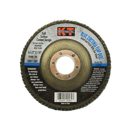 Flap Disc, 4-1/2 In Dia, 7/8 In Arbor, 80 Grit, Zirconium Abrasive